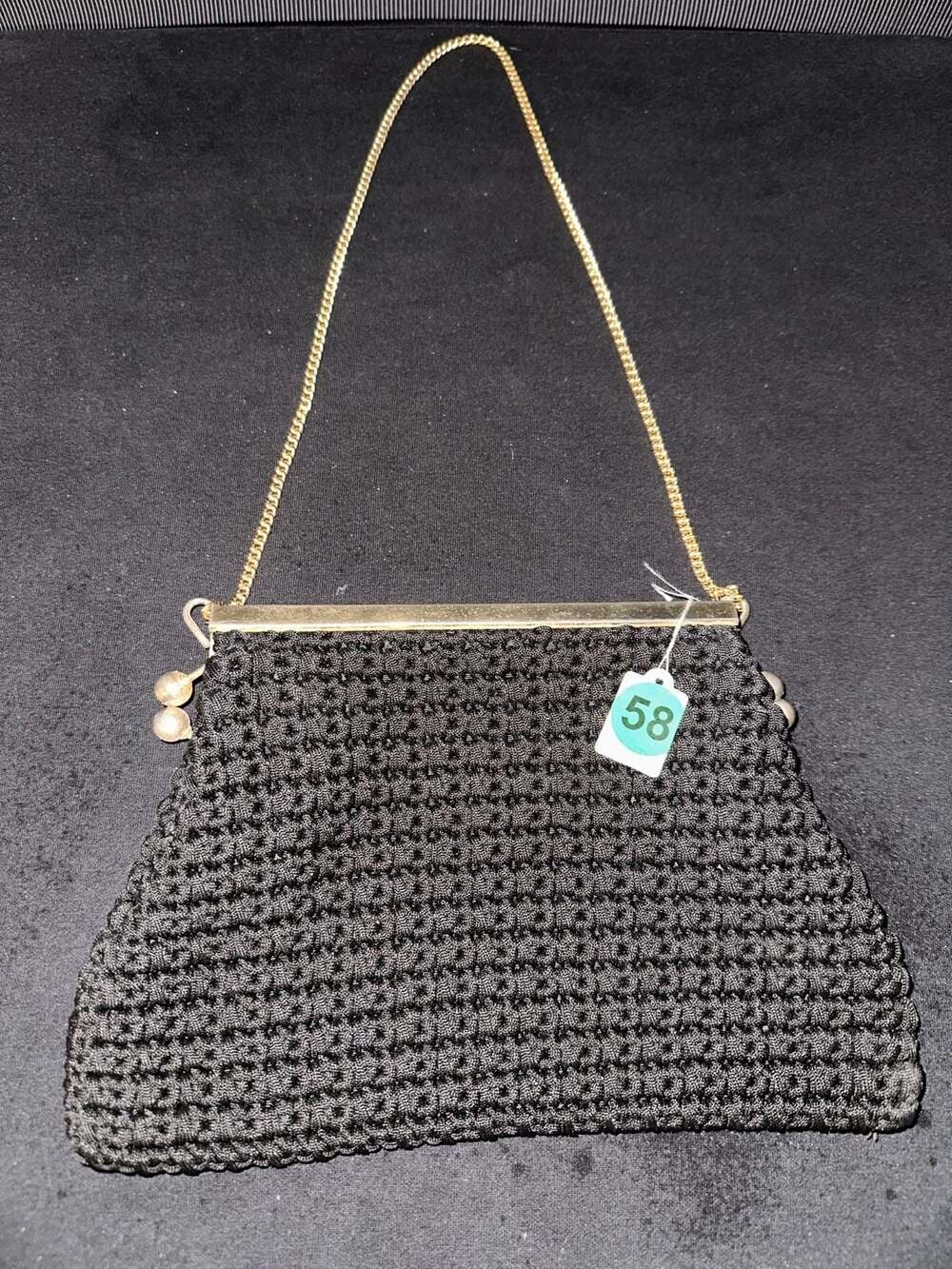 No.58 Vintage Magid Black Crochet Evening Bag with Gold Tone Chain Strap
